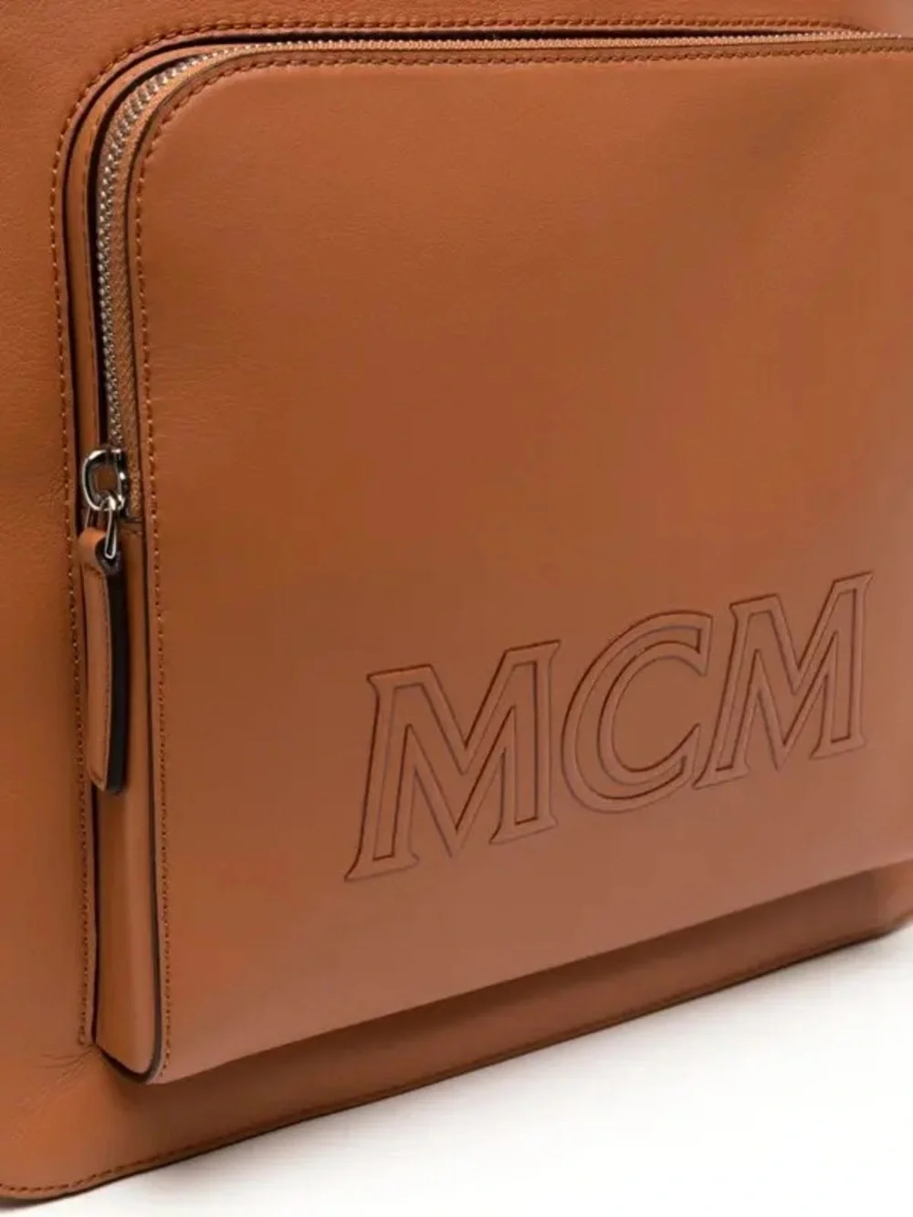MCM Aren Cognac Leather Backpack with Front Logo Pocket